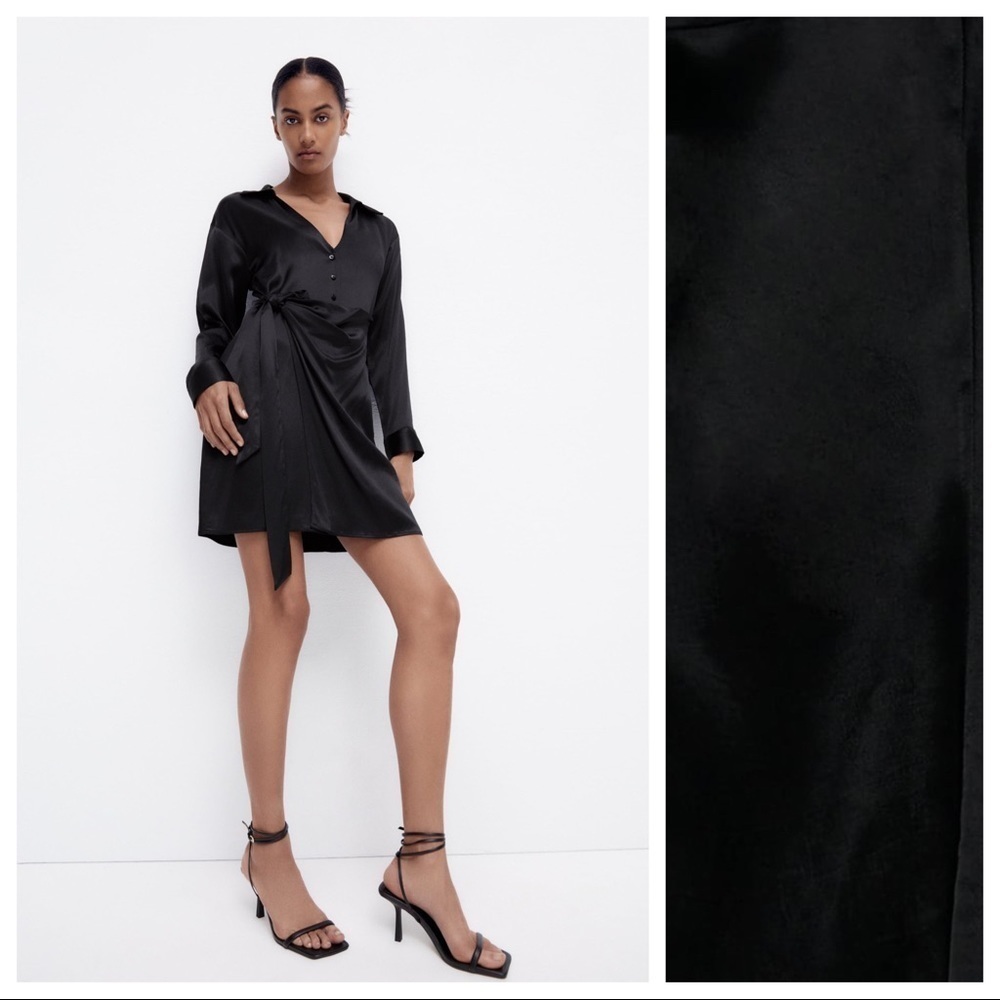 🌹NWT. Zara Black Satin Effect Wrap V-neckline Mini Dress. Size M.